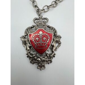 Vintage Coat of Arms Necklace British Heraldic Shield Red Enamel Crown w/ Lion